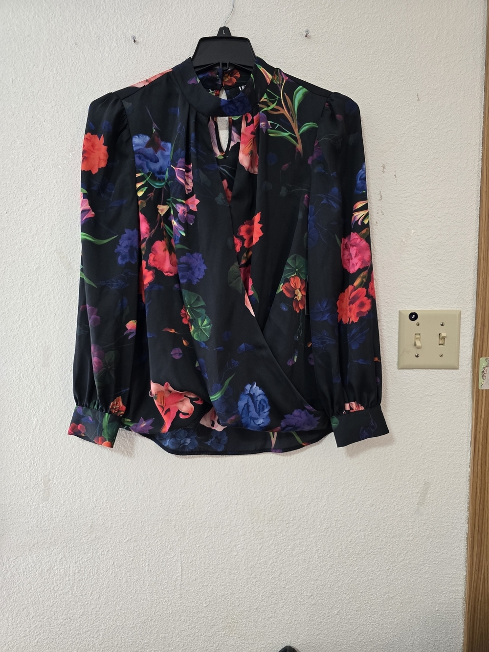 Floral Surplice Blouse - Black with Multicolor Floral Print